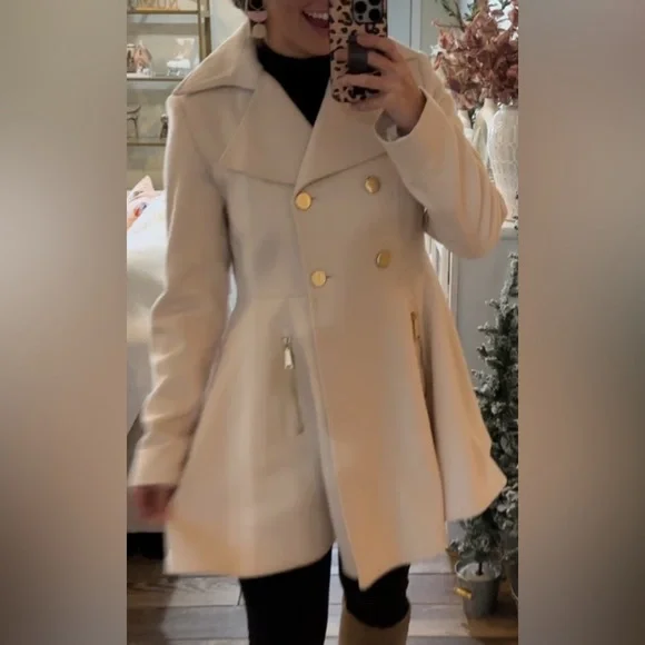 Laundry By Shelli Segal Double Breasted Fit &Flare Cream Pea Coat - Picture 4 of 6